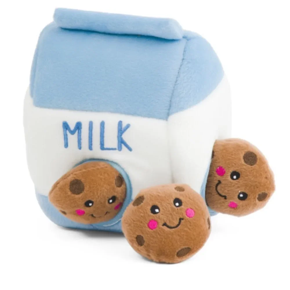 Zippy Paw Milk and Cookies Blue White Brown Interactive Puzzle Plush Dog Toy